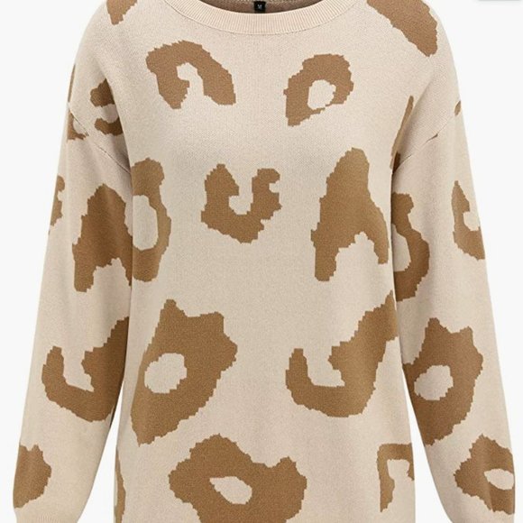 Casual Leopard Print Sweater Loose Long Sleeve Crew Neck Knit Pullover Tops - Picture 3 of 5
